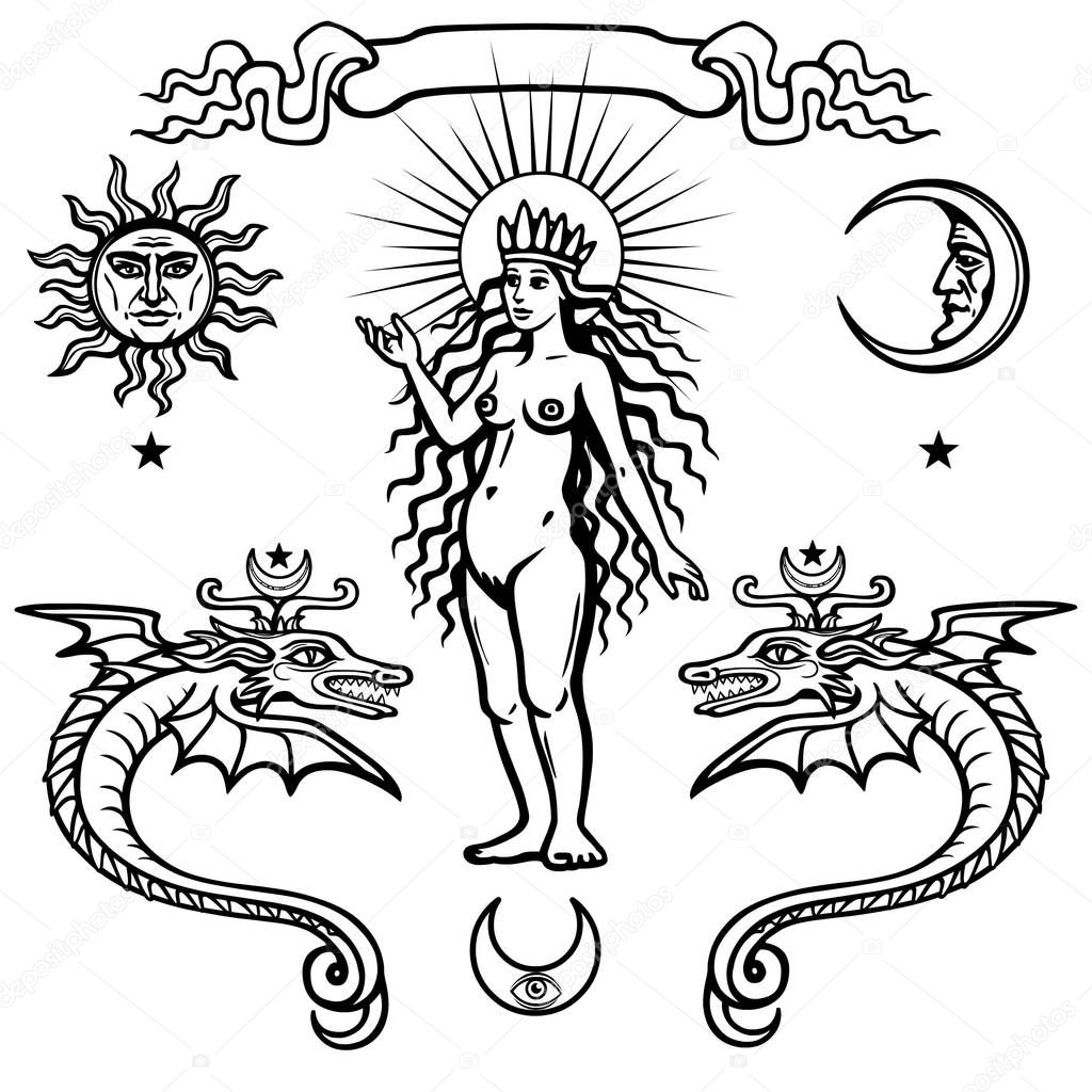 Set of alchemical symbols. Young woman, life origin. Mystical snakes. Vector illustration isolated on a white background.