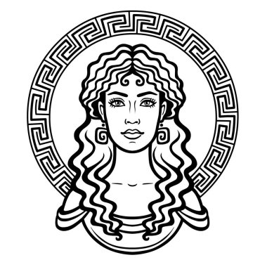 Linear portrait of the young Greek woman with a traditional hairstyle. Decorative circle. Vector illustration isolated on a white background. clipart