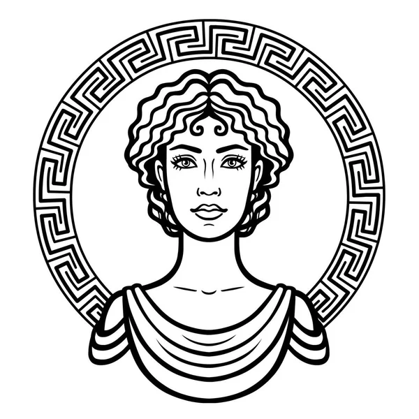 Linear portrait of the young Greek woman with a traditional hairstyle. Decorative circle. Vector illustration isolated on a white background. — Stock Vector