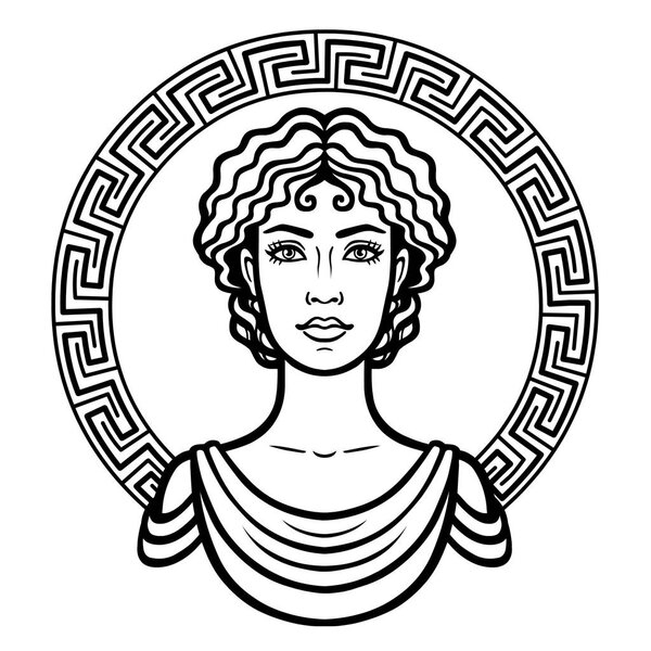 Linear portrait of the young Greek woman with a traditional hairstyle. Decorative circle. Vector illustration isolated on a white background.