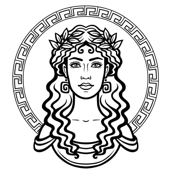 Linear portrait of the young Greek woman with a traditional hairstyle. Decorative circle. Vector illustration isolated on a white background.