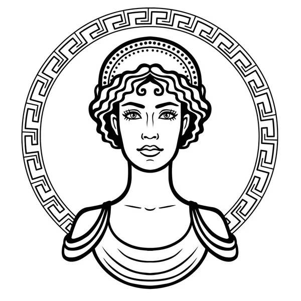 Linear portrait of the young Greek woman with a traditional hairstyle. Decorative circle. Vector illustration isolated on a white background. — Stock Vector