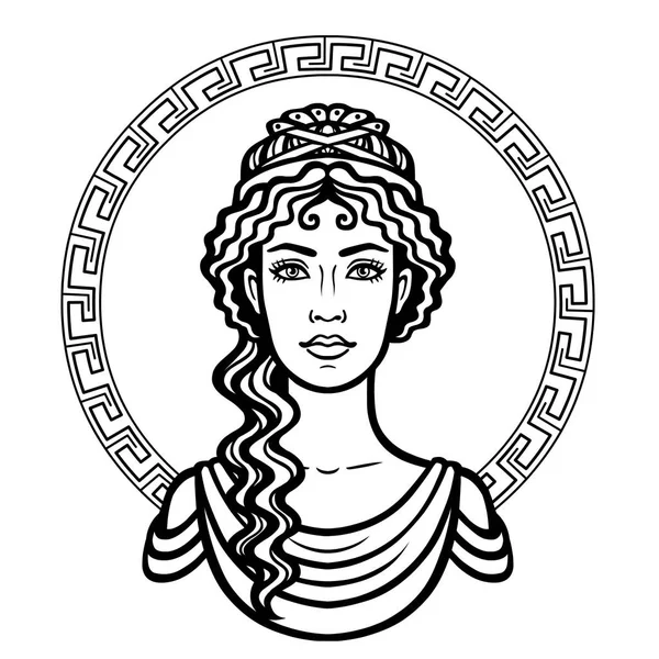 Potret linear dari wanita muda Yunani dengan gaya rambut tradisional. Lingkaran dekoratif. Ilustrasi vektor diisolasi pada latar belakang putih . Stok Ilustrasi 