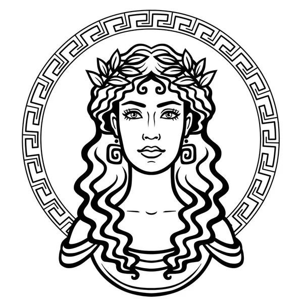 Potret linear dari wanita muda Yunani dengan gaya rambut tradisional. Lingkaran dekoratif. Ilustrasi vektor diisolasi pada latar belakang putih . Grafik Vektor