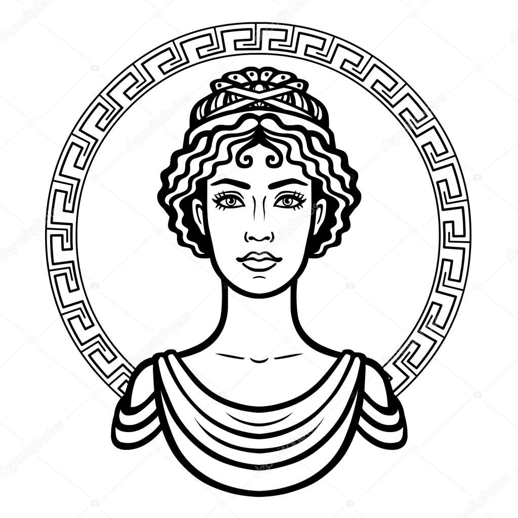 Linear portrait of the young Greek woman with a traditional hairstyle. Decorative circle. Vector illustration isolated on a white background.