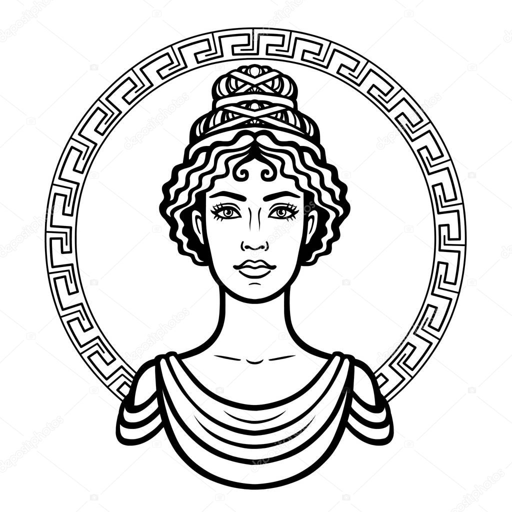 Linear portrait of the young Greek woman with a traditional hairstyle. Decorative circle. Vector illustration isolated on a white background.