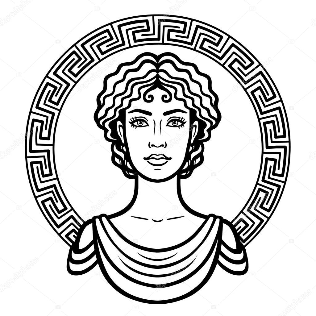 Linear portrait of the young Greek woman with a traditional hairstyle. Decorative circle. Vector illustration isolated on a white background.