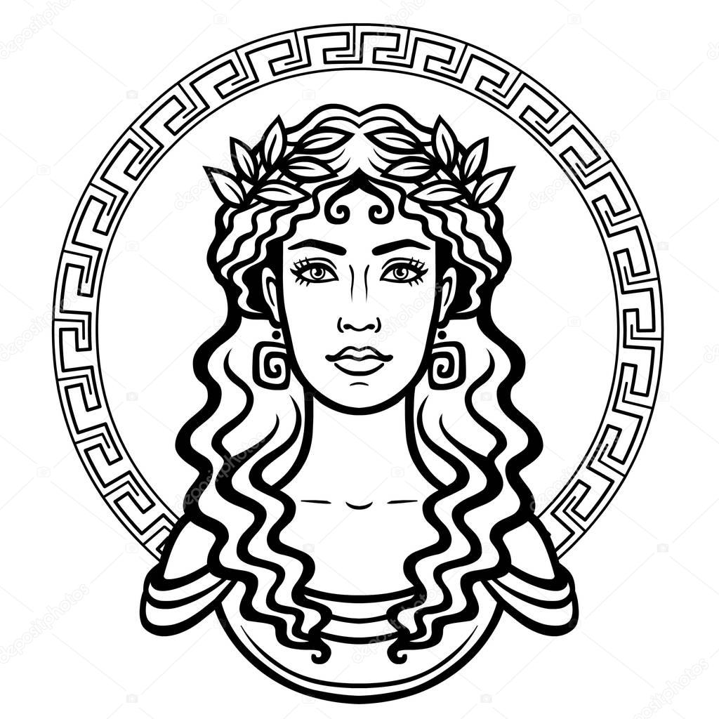 Linear portrait of the young Greek woman with a traditional hairstyle. Decorative circle. Vector illustration isolated on a white background.