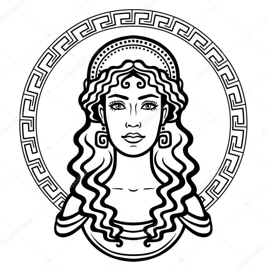 Linear portrait of the young Greek woman with a traditional hairstyle. Decorative circle. Vector illustration isolated on a white background.