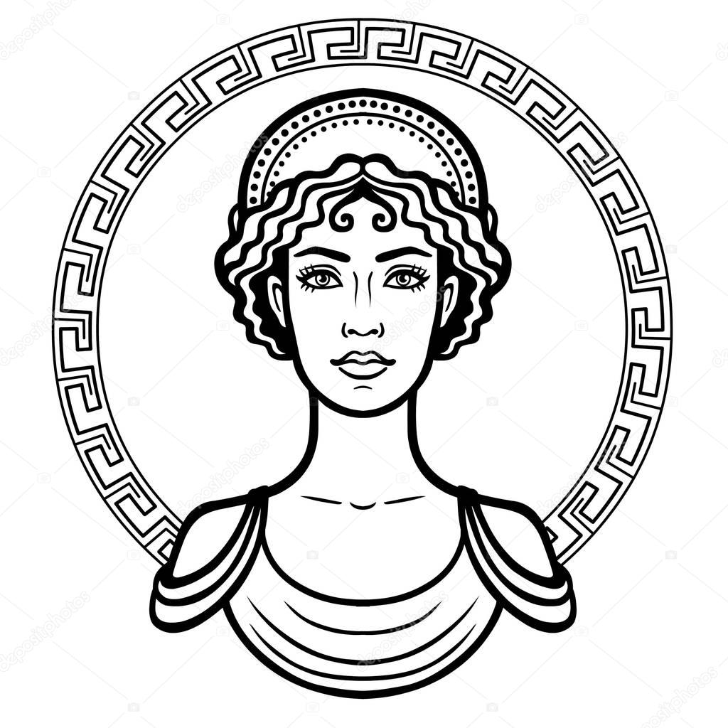 Linear portrait of the young Greek woman with a traditional hairstyle. Decorative circle. Vector illustration isolated on a white background.