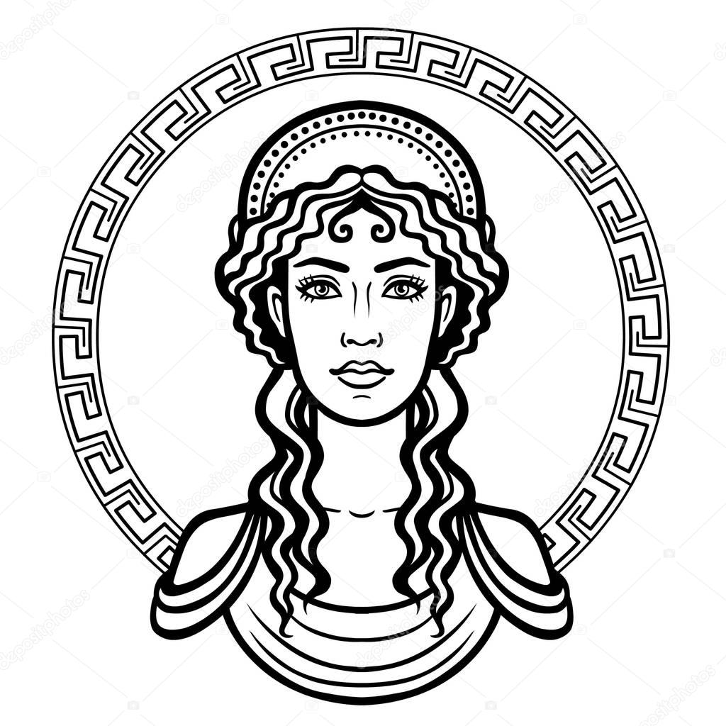 Linear portrait of the young Greek woman with a traditional hairstyle. Decorative circle. Vector illustration isolated on a white background.