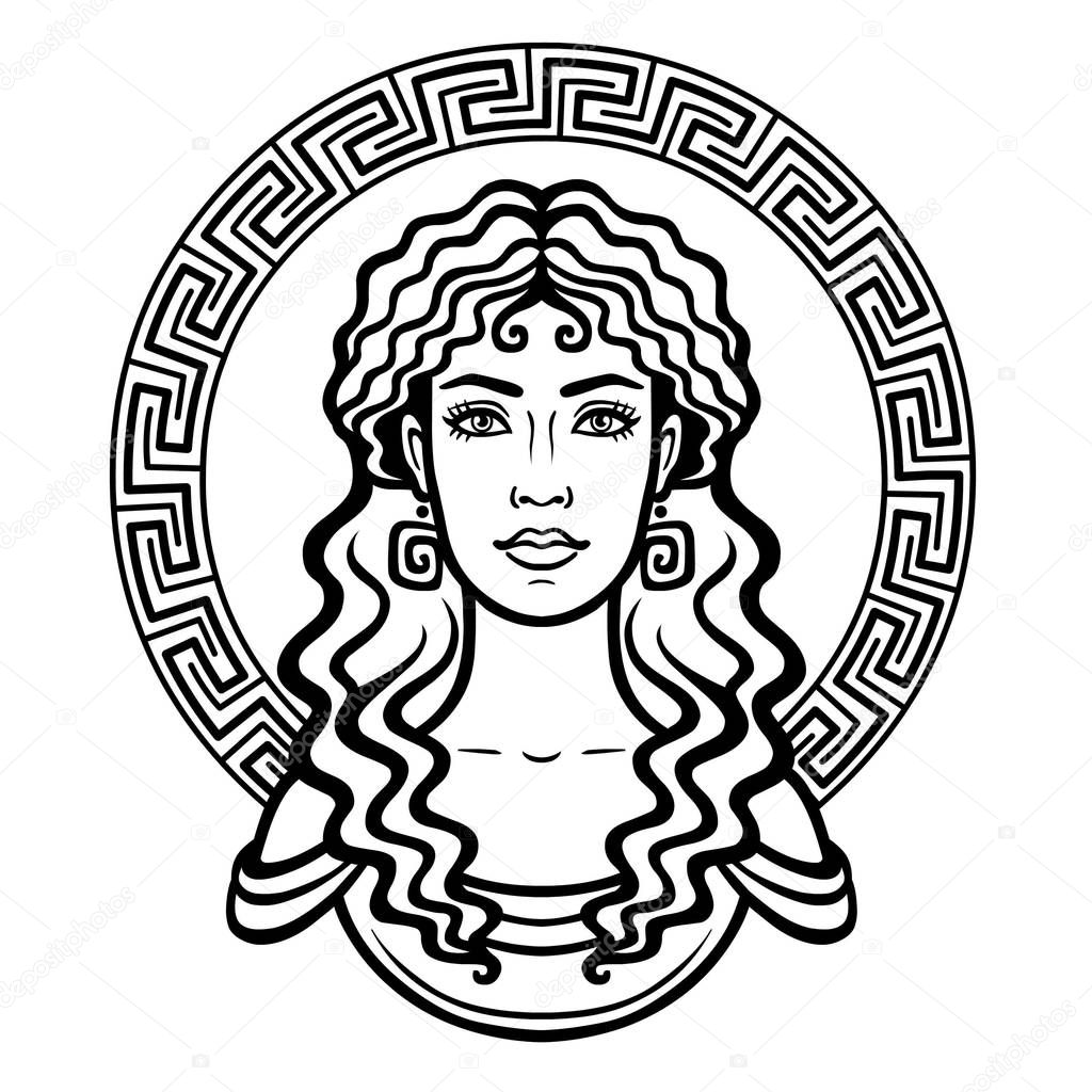 Linear portrait of the young Greek woman with a traditional hairstyle. Decorative circle. Vector illustration isolated on a white background.