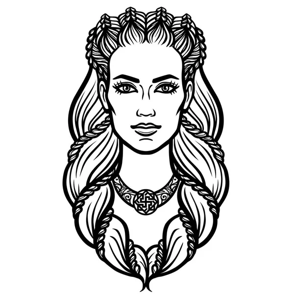 Portret van de vrouw van de Valkyrie. Lineaire tekening. Vectorillustratie geïsoleerd op een witte achtergrond. — Stockvector