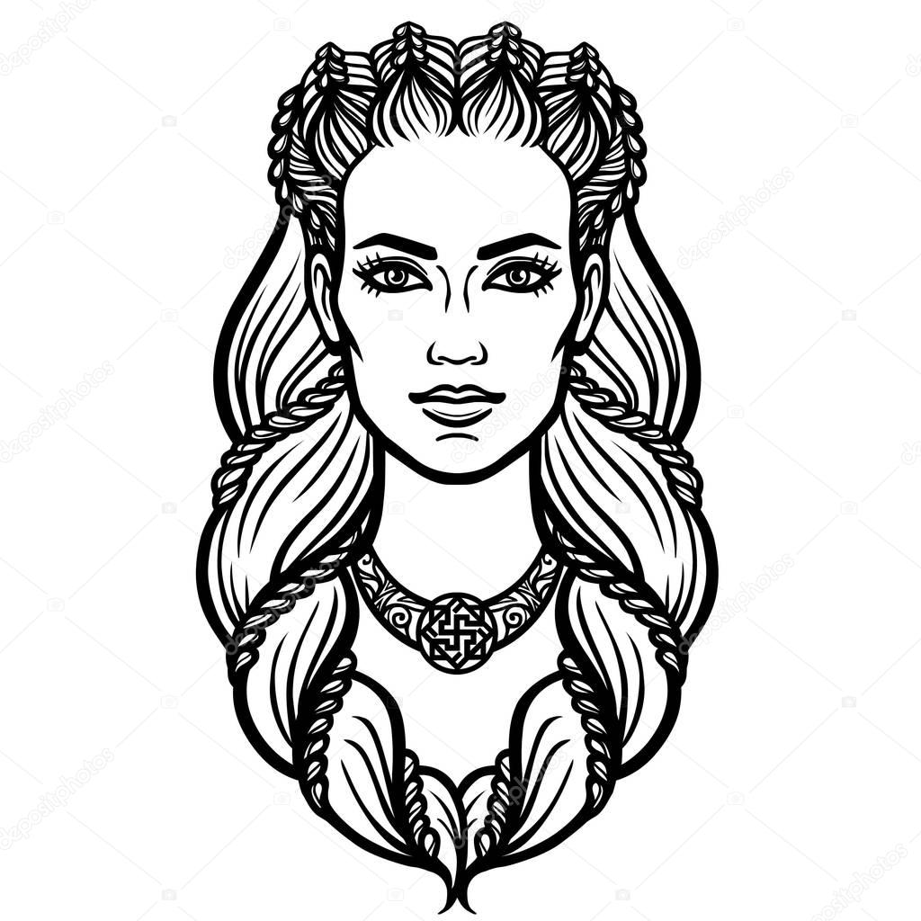 Portrait of the woman of the Valkyrie. Linear drawing. Vector illustration isolated on a white background.