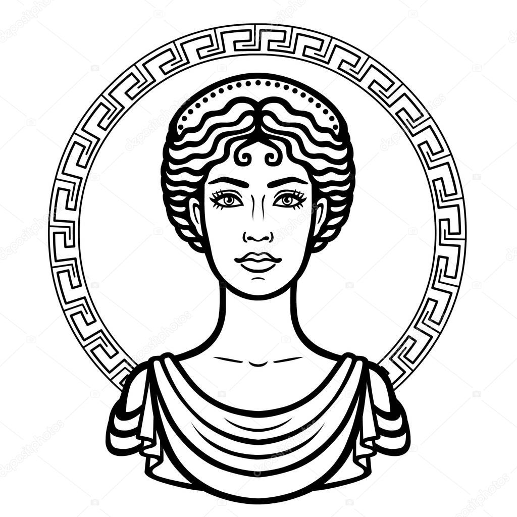 Linear portrait of the young Greek woman with a traditional hairstyle. Decorative circle. Vector illustration isolated on a white background.
