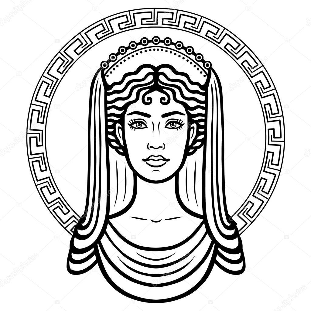 Linear portrait of the young Greek woman with a traditional hairstyle. Decorative circle. Vector illustration isolated on a white background.