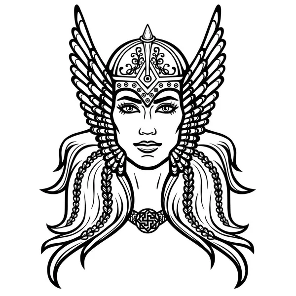 Retrato de la hermosa joven Valkiria. Diosa pagana, personaje mítico. Negro lineal el dibujo blanco. Ilustración vectorial aislada sobre fondo blanco . — Vector de stock