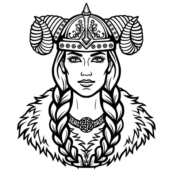 Portrait de la belle jeune femme Valkyrie. Déesse païenne, caractère mythique. Noir linéaire le dessin blanc. Illustration vectorielle isolée sur fond blanc . — Image vectorielle