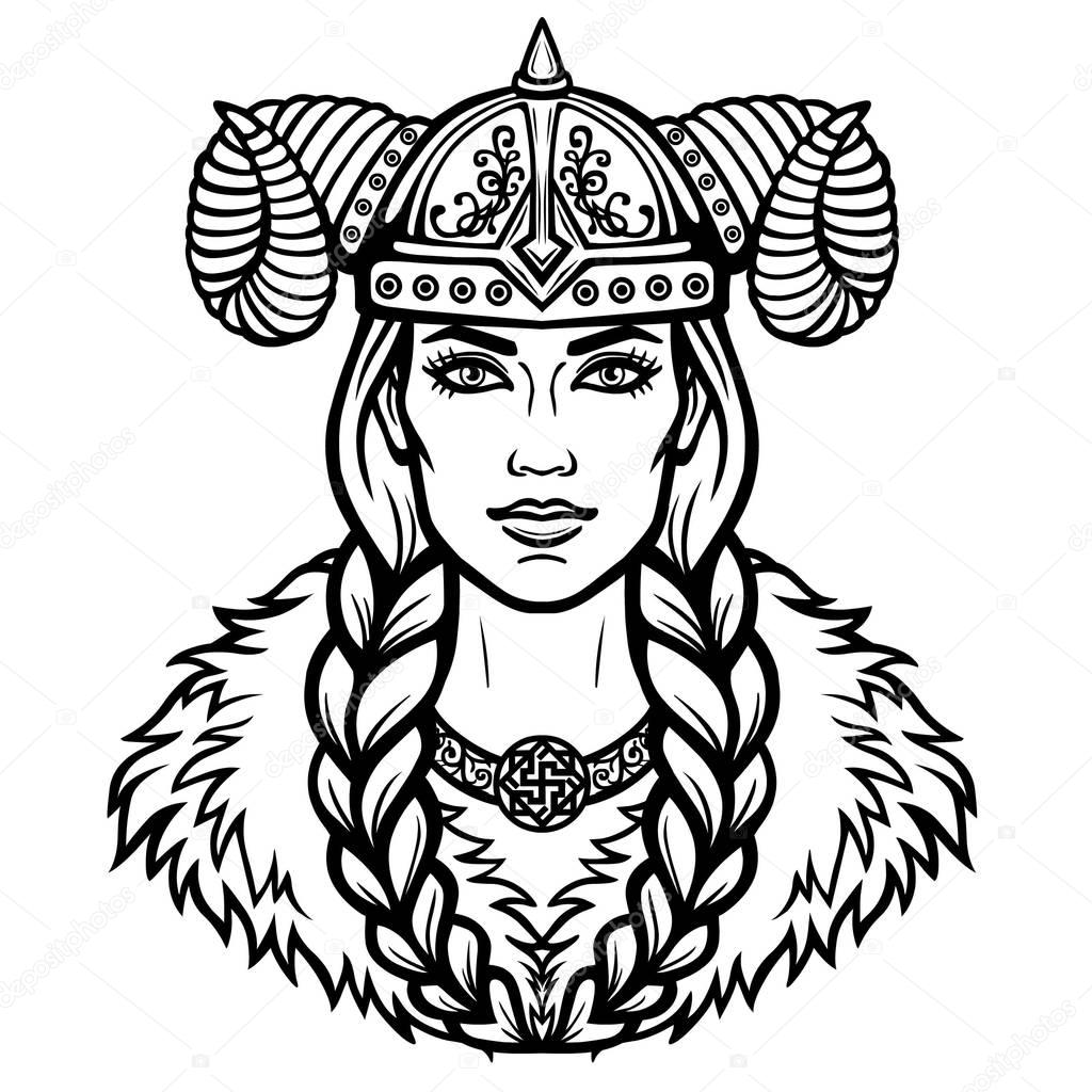 Portrait of the beautiful young woman Valkyrie. Pagan goddess, mythical character. Linear black the white drawing. Vector illustration isolated on a white background.