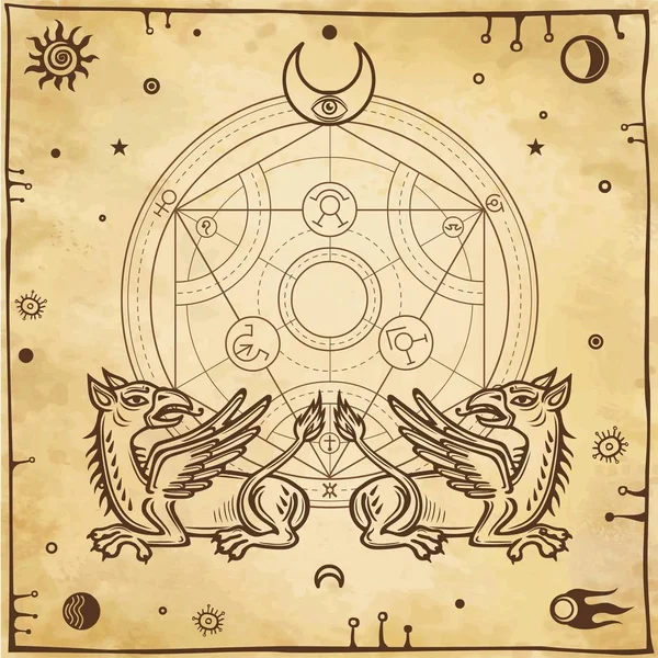 Uppsättning av Alkemiska symboler. Mytiska drakar skydda en mystisk alkemiska cirkel. Religion, mystik, Ockultism, trolldom. Bakgrund - imitation av gamla papper. Vektorillustration. — Stock vektor
