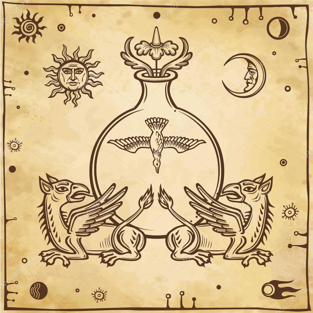 Set of alchemical symbols. Mythical dragons protect a test tube with a bird.  Religion, mysticism, occultism, sorcery.  Background - imitation of old paper. Vector illustration.