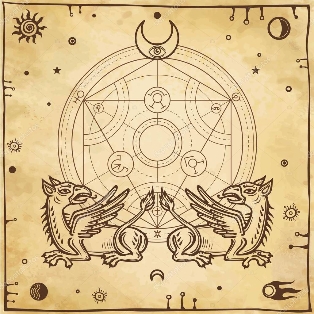 Set of alchemical symbols. Mythical dragons protect a mysterious alchemical circle.  Religion, mysticism, occultism, sorcery. Background - imitation of old paper. Vector illustration.