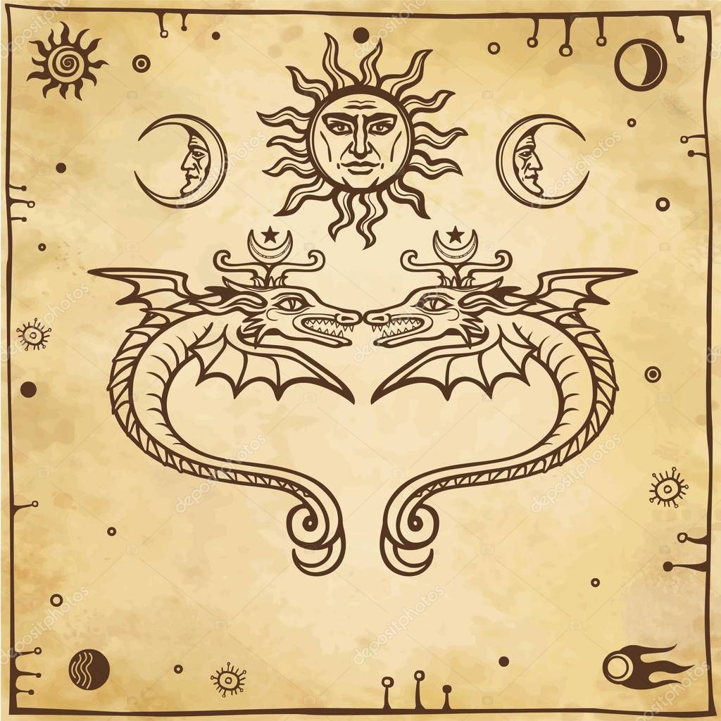 Set of alchemical symbols.  Mystical snakes protect heavenly bodies. Religion, mysticism, occultism, sorcery.  Background - imitation of old paper. Vector illustration.