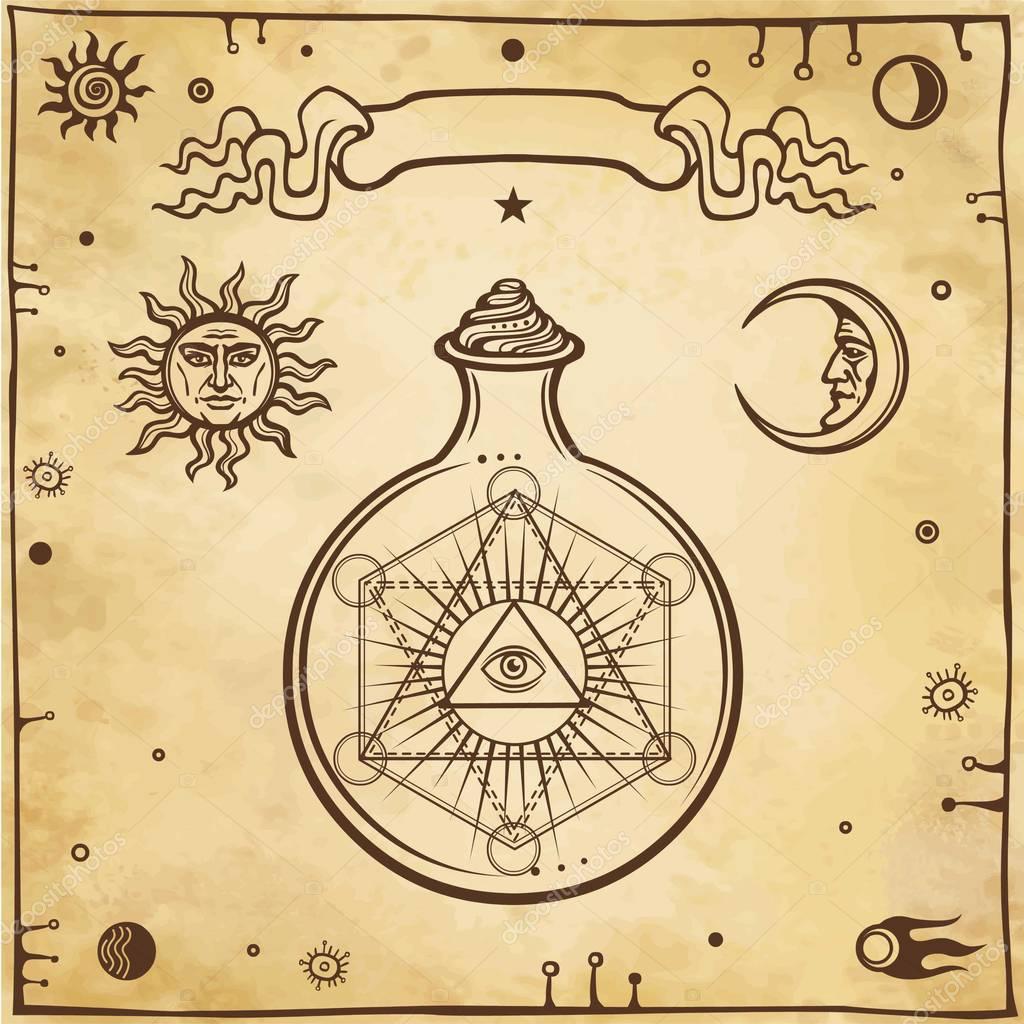 Set of alchemical symbols. A providence eye in a test tube, chemical reaction. Sacred geometry. Origin of life.    Background - imitation of old paper. Vector illustration.