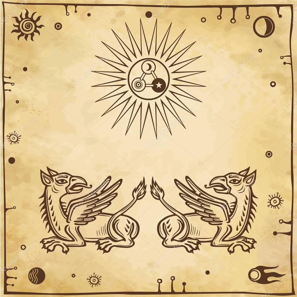 Set of alchemical symbols. Mythical dragons protect an alchemical star. Religion, mysticism, occultism, sorcery.  Background - imitation of old paper. Vector illustration.
