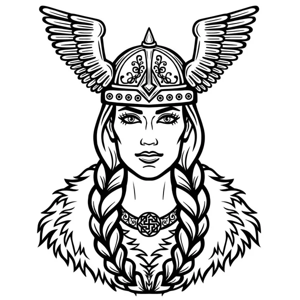 Portrait of the beautiful young woman Valkyrie in a winged helmet. Pagan goddess, mythical character. Linear black the white drawing. Vector illustration isolated on a white background. — Stock Vector