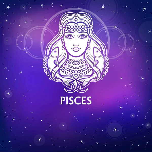 Zodiac sign Pisces. Fantastic princess, animation portrait. White drawing, background - the night stellar sky. Vector illustration. — Stock Vector