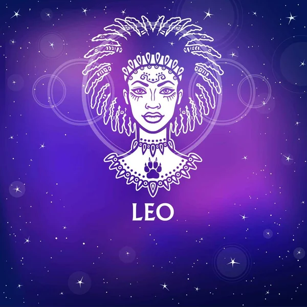 Semnul zodiacal Leo. Fantastică prinţesă, portret de animaţie. Desen alb, fundal cerul stelar de noapte. Ilustrație vectorială . — Vector de stoc
