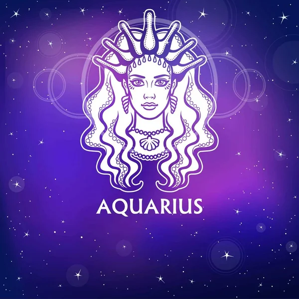Zodiac sign Aquarius .   Fantastic princess, animation portrait. White drawing, background - the night stellar sky. Vector illustration. — Stock Vector
