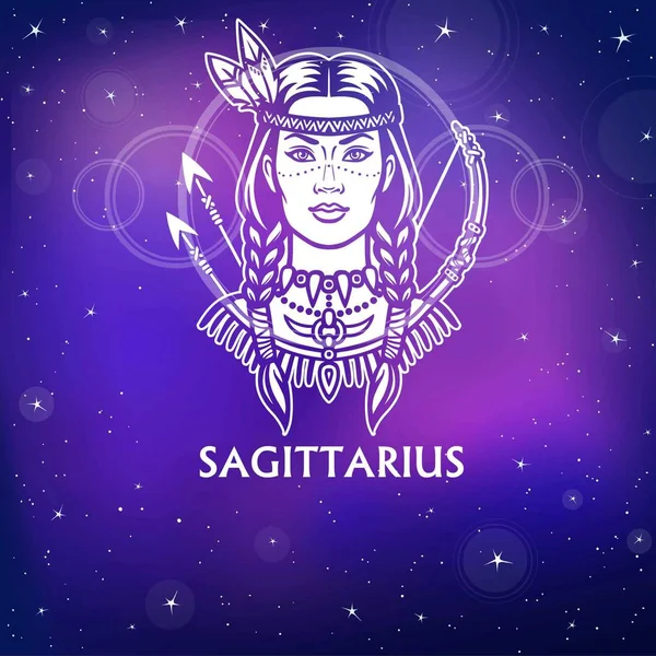 Znamení zvěrokruhu Sagittarius. Fantastická princezna, animovaný portrét. Bílá kresba, pozadí - noční hvězdná obloha. Vektorová ilustrace. — Stockový vektor