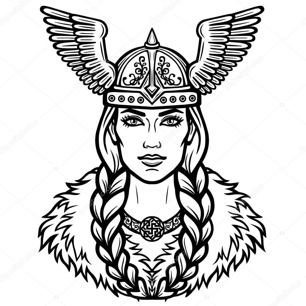 Portrait of the beautiful young woman Valkyrie in a winged helmet. Pagan goddess, mythical character. Linear black the white drawing. Vector illustration isolated on a white background.