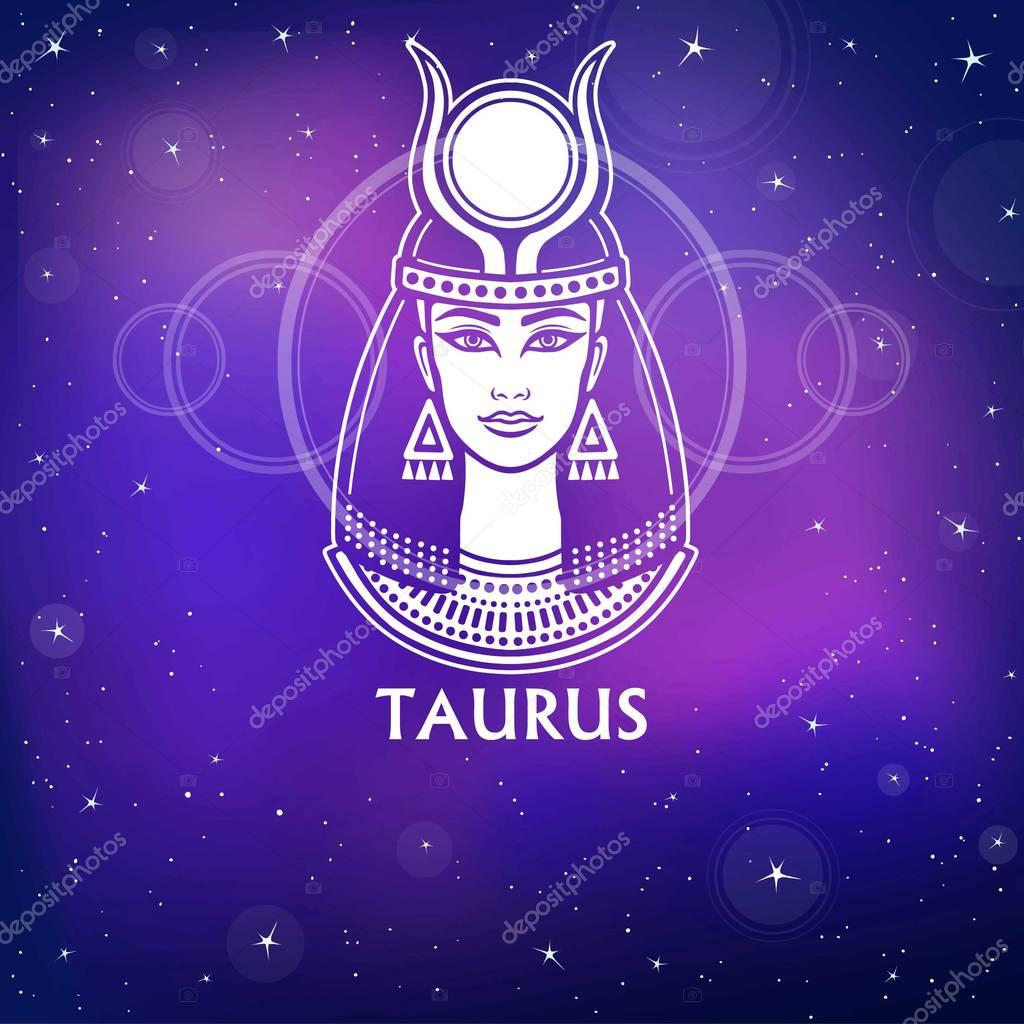 Zodiac sign  Taurus.  Fantastic princess, animation portrait. White drawing, background - the night stellar sky. Vector illustration.