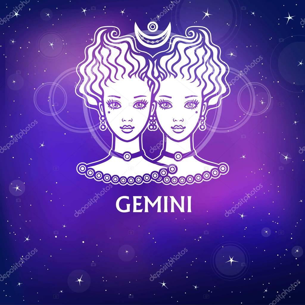 Zodiac sign Gemini. Fantastic princess, animation portrait. White ...