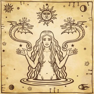  Alchemical drawing: young beautiful woman holds winged snakes in hand. Esoteric, mystic, occultism. Symbols of the sun and moon. Background - imitation of old paper. Vector illustration. clipart