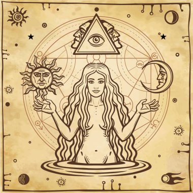  Alchemical drawing: young beautiful woman, Eve's image, fertility, temptation. Esoteric, mystic, occultism. Symbols of the sun and moon. Background - imitation of old paper. Vector illustration. clipart