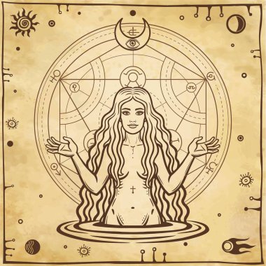   Alchemical drawing: young beautiful woman, Eve's image, fertility, temptation. Esoteric, mystic, occultism. Symbols of the sun and moon. Background - imitation of old paper. Vector illustration. clipart