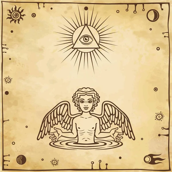 Alchemistische tekening: kleine engel verschijnt uit water. Esoterisch, mystic, occultisme. Symbolen van de zon en de maan. Achtergrond - imitatie van oud papier. Vectorillustratie. — Stockvector