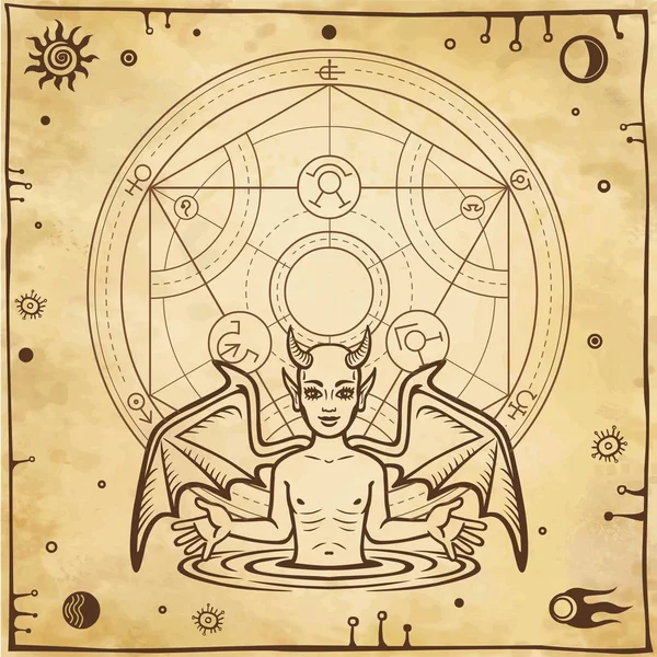 Dibujo alquímico: pequeño demonio, círculo del homúnculo. Esotérico, místico, ocultismo. Símbolos del sol y la luna. El fondo - la imitación del papel viejo. Ilustración vectorial . — Vector de stock