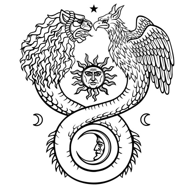 Image of fantastic animal ouroboros with a body of a snake and two heads of a lion and a bird. Sacred pyramid, all-seeing eye.  Vector illustration isolated on a white background.