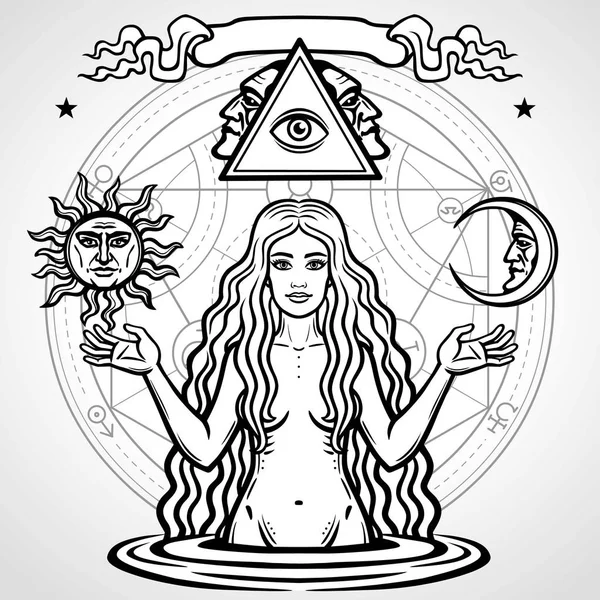Set simbol alkimia: wanita cantik muda memegang matahari dan bulan di tangan. Citra Eve, kesuburan, godaan. Esoteris, mistis, okultisme. Ilustrasi vektor diisolasi pada latar belakang abu-abu . Stok Vektor