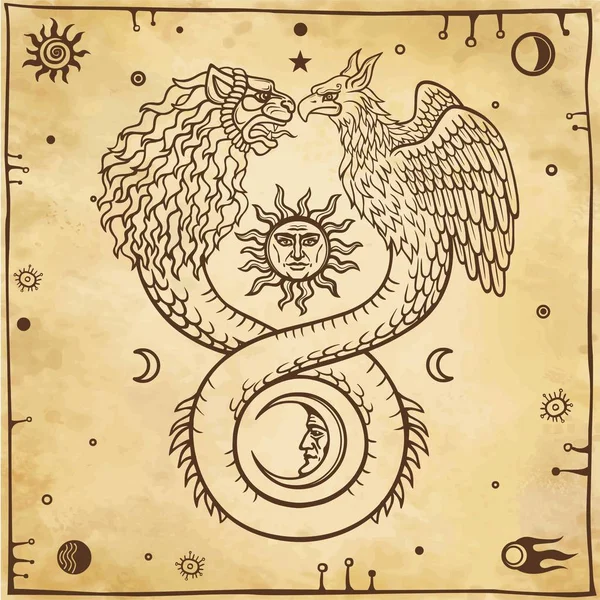 Gambar hewan fantastis ouroboros dengan tubuh ular dan dua kepala singa dan burung. Simbol bulan dan matahari. Latar Belakang - tiruan dari kertas lama. Ilustrasi vektor . Stok Vektor Bebas Royalti