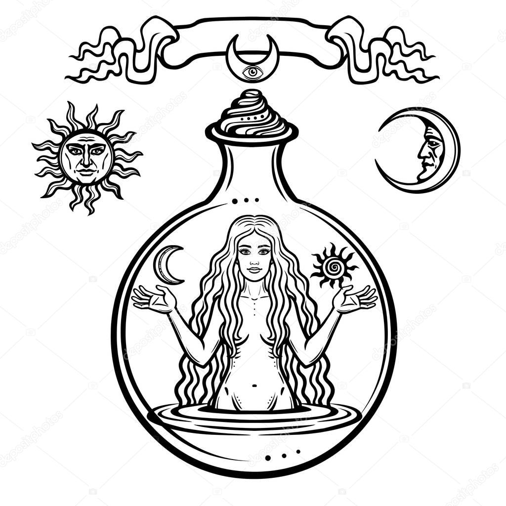 Set of alchemical symbols: young beautiful woman holds  sun and  moon in hand. Eve's image, fertility, temptation. Esoteric, mystic, occultism. Vector illustration isolated on a white background.