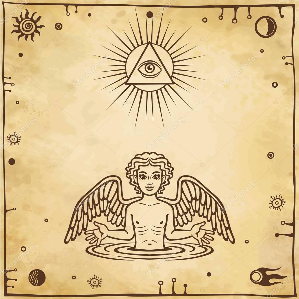 Alchemical drawing: little angel appears from water. Esoteric, mystic, occultism. Symbols of the sun and moon. Background - imitation of old paper. Vector illustration.