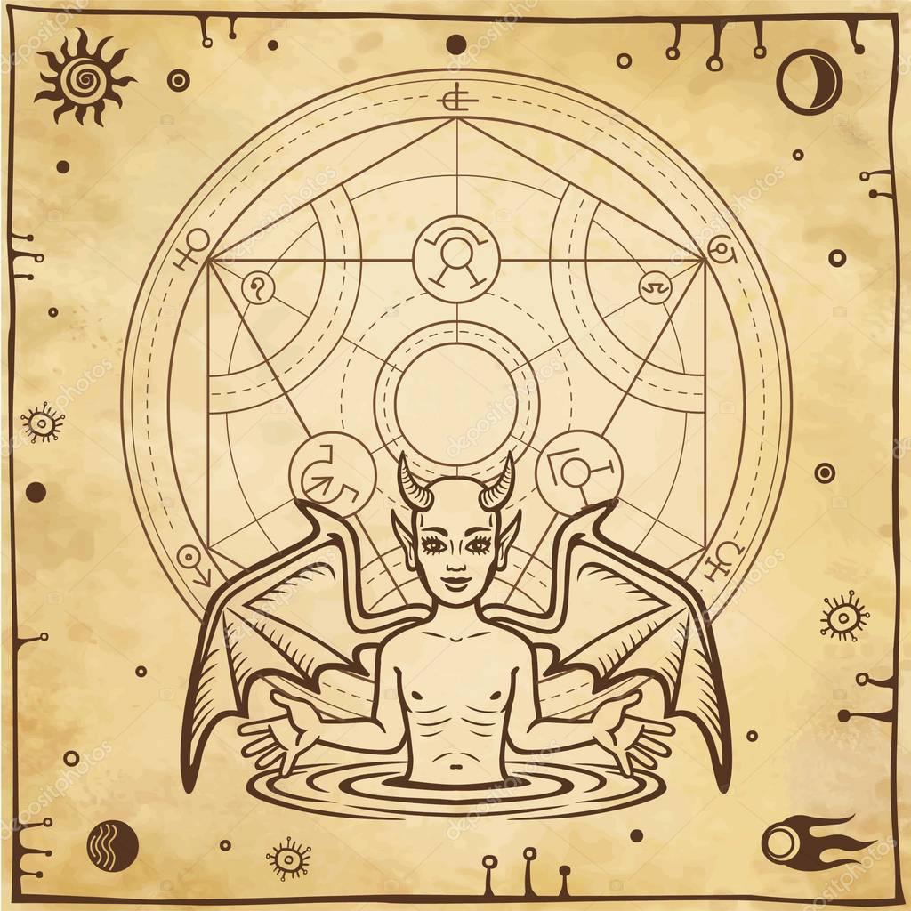 Alchemical drawing: little demon, circle of a homunculus. Esoteric, mystic, occultism. Symbols of the sun and moon. Background - imitation of old paper. Vector illustration.