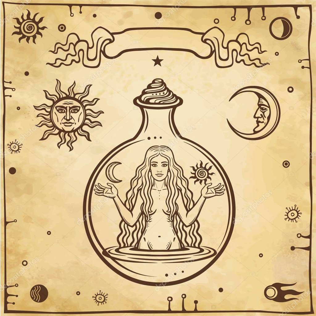 Alchemical drawing: the young beautiful woman in a test tube.Fertility, temptation. Esoteric, mystic, occultism. Symbols of the sun and moon. Background - imitation of old paper. Vector illustration.