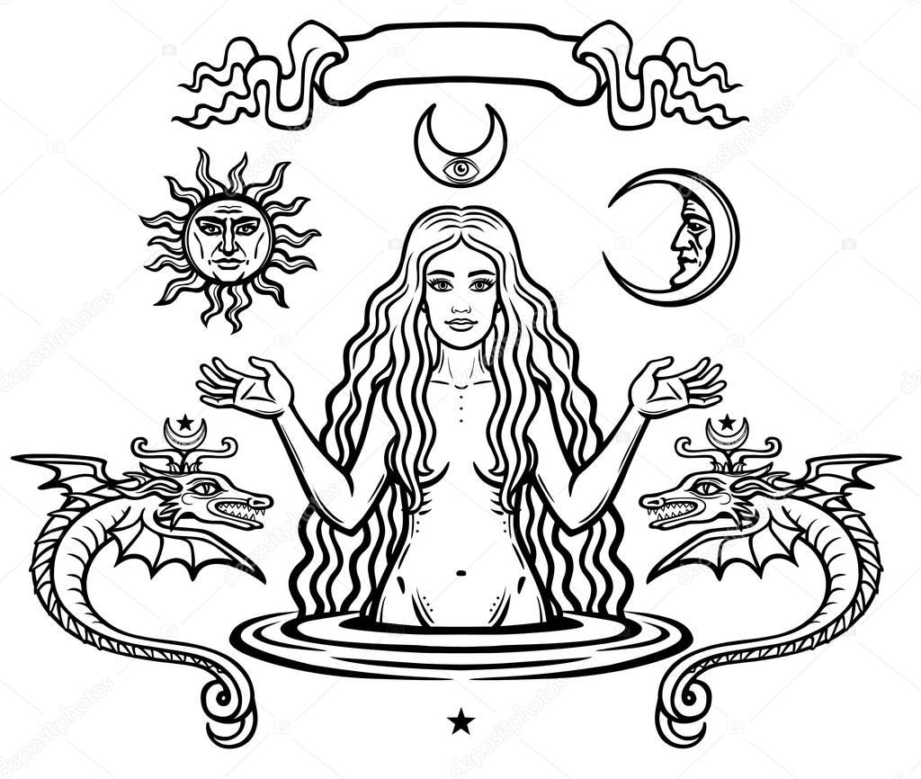 Set of alchemical symbols: young beautiful woman holds  sun and  moon in hand. Eve's image, fertility, temptation. Esoteric, mystic, occultism. Vector illustration isolated on a white background.